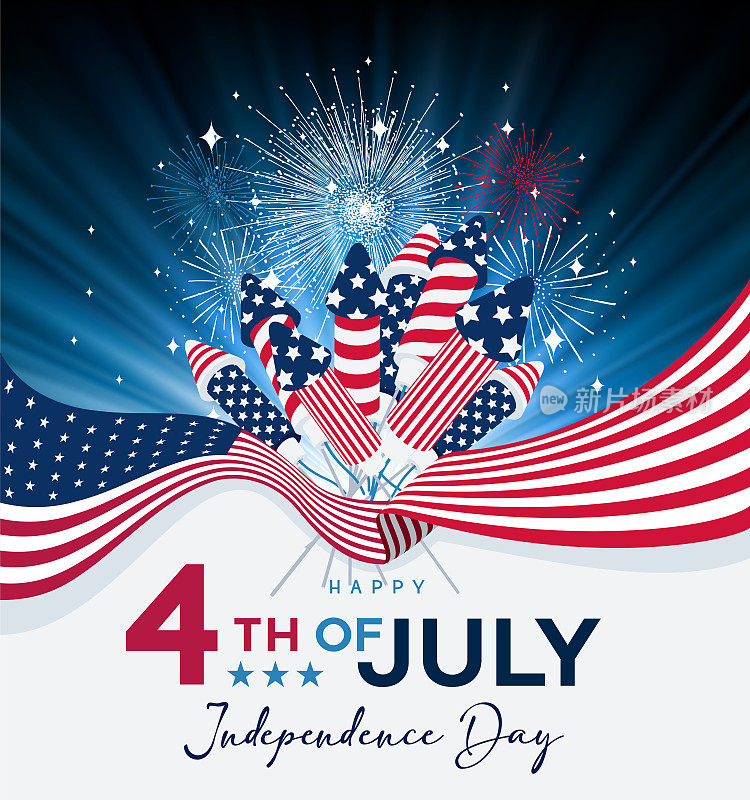 美国的烟火、火箭和星星。独立日快乐。七月四日，七月四日的旗帜。
