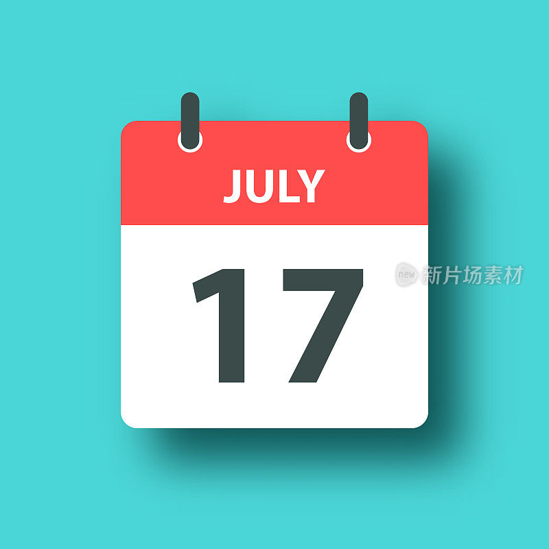 7月17日-每日日历图标在蓝色绿色背景与阴影