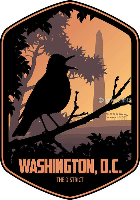 华盛顿特区，华盛顿纪念碑附近有木画眉的矢量标签