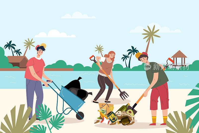 人们清洁海滩清理垃圾垃圾海洋垃圾的概念。矢量图形设计插图