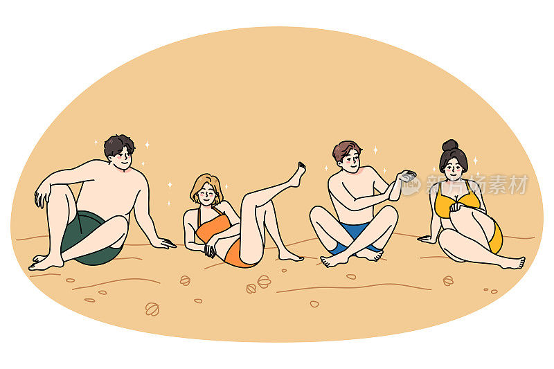 快乐的人们穿着泳装在海滩上放松