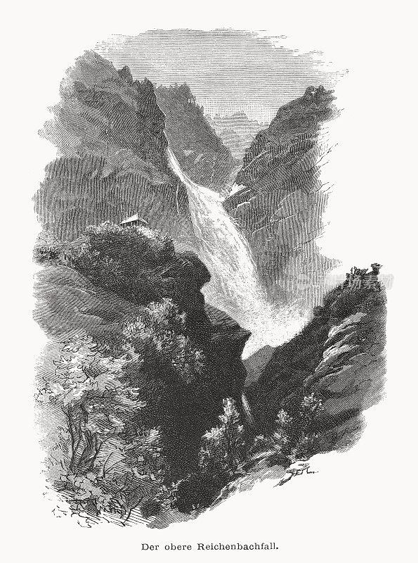 莱辛巴赫瀑布，伯尔尼高地，瑞士，木版雕刻，出版于1877年