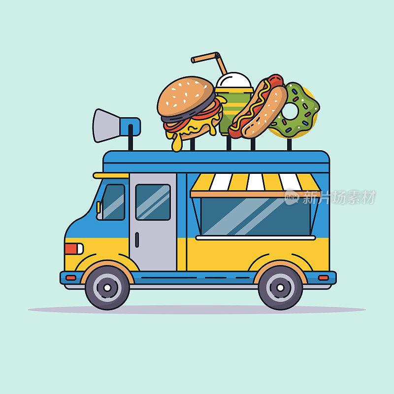 食品卡车面包车卖快餐矢量插图