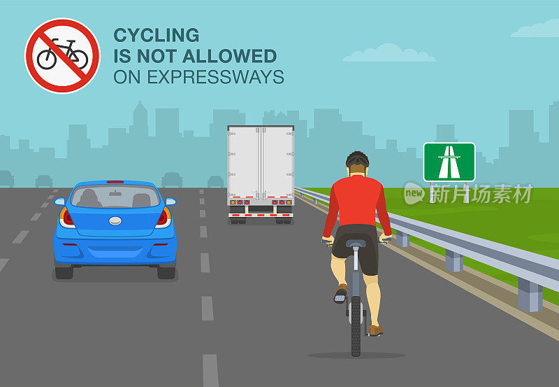 高速公路、高速公路、高速公路的交通规则。骑自行车的人不顾道路或交通规则，在高速公路上骑自行车。高速公路上不允许骑自行车。