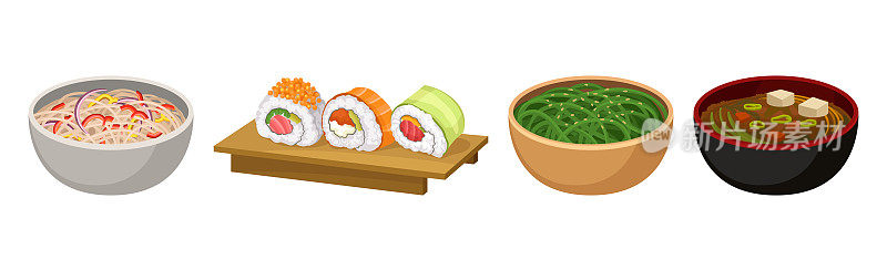 亚洲食品与寿司，海带，面条和汤在船上和碗矢量组