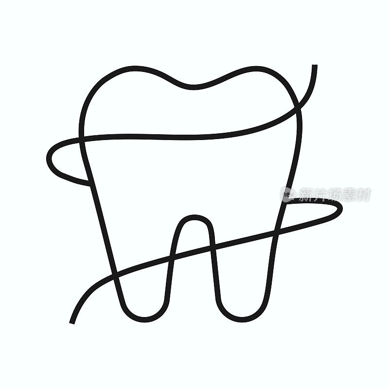 牙齿在白色的背景上，牙线包裹着它。简约时尚的设计