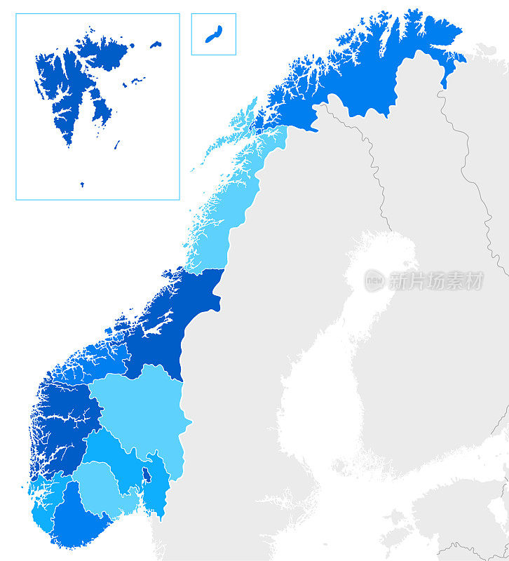 高详细的挪威蓝色地图与地区和国家边界的瑞典，芬兰，俄罗斯，丹麦