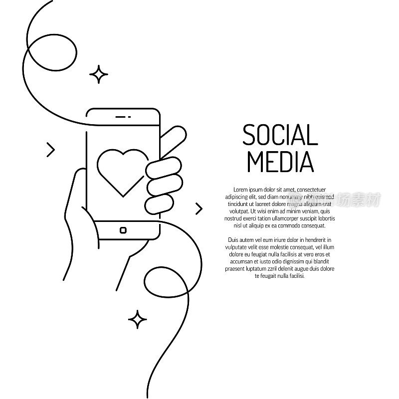 社交媒体图标的连续线条绘制。手绘符号矢量插图。