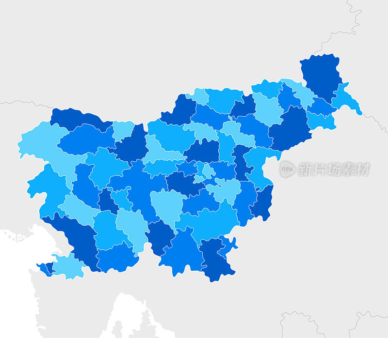 高详细的斯洛文尼亚蓝色地图，克罗地亚，匈牙利，奥地利，意大利的地区和国家边界