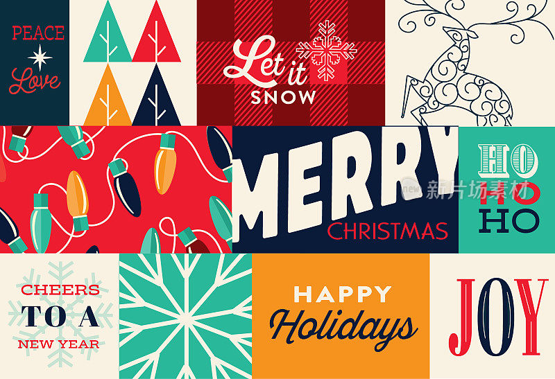 圣诞问候网页横幅抽象设计模板与节日短语，树，鹿，灯