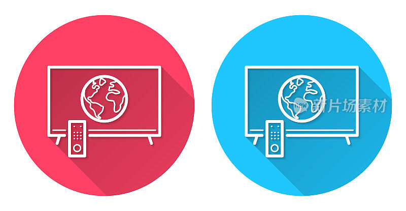 地球电视。圆形图标与长阴影在红色或蓝色的背景