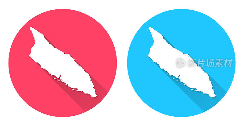 阿鲁巴岛的地图。圆形图标与长阴影在红色或蓝色的背景