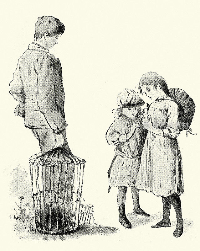 两个小女孩给一个男孩买了一只宠物鸟，维多利亚儿童读物插图，19世纪