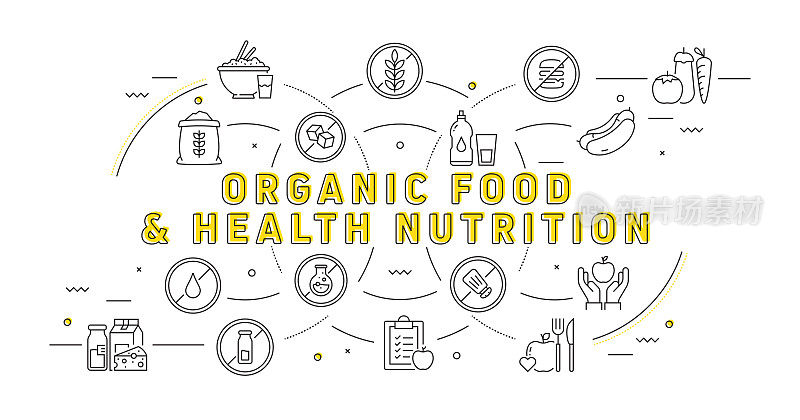 有机食品和健康营养相关的线条风格横幅设计网页，标题，小册子，年度报告和书籍封面