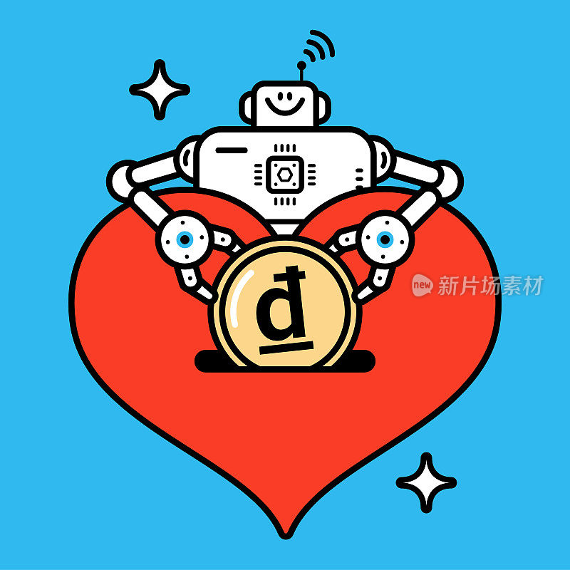 爱与科技的概念，一个人工智能机器人正在快乐地把钱投入一个大爱的心