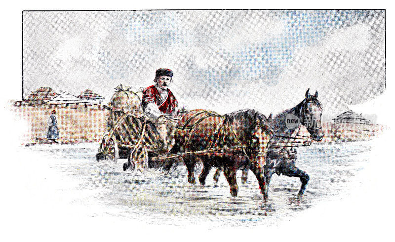来自保加利亚索非亚的一位农民骑着马穿过城市溪流中的一处浅滩前往市场
