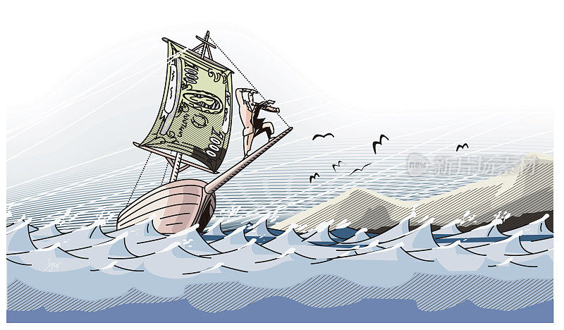 投资者用纸币形状的帆在波涛汹涌的海面上驾驶小船