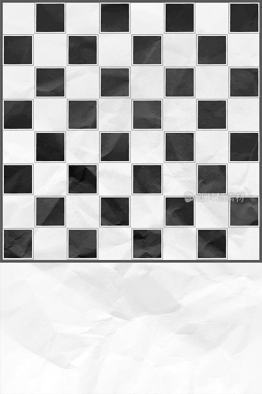 垂直空的空白，粗糙的纹理皱皱的白色彩色纸张矢量背景与交替的64个方块图案在棋盘