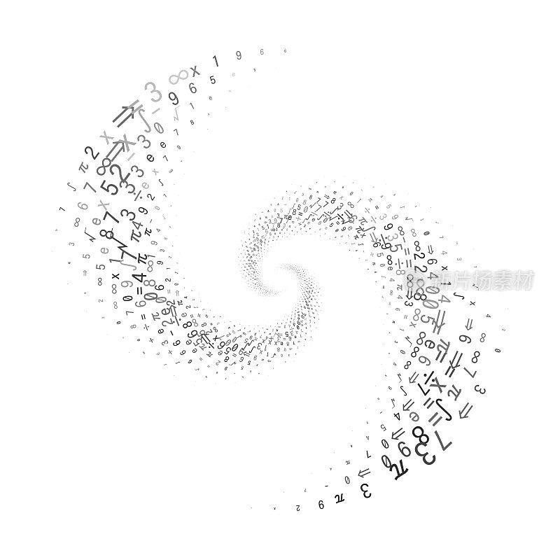 由数学符号的圆形图案组成的漩涡形状。多个轨道。