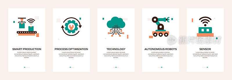 工业4.0概念内置移动应用页面屏幕与平面图标。用户体验，用户界面设计模板矢量插图
