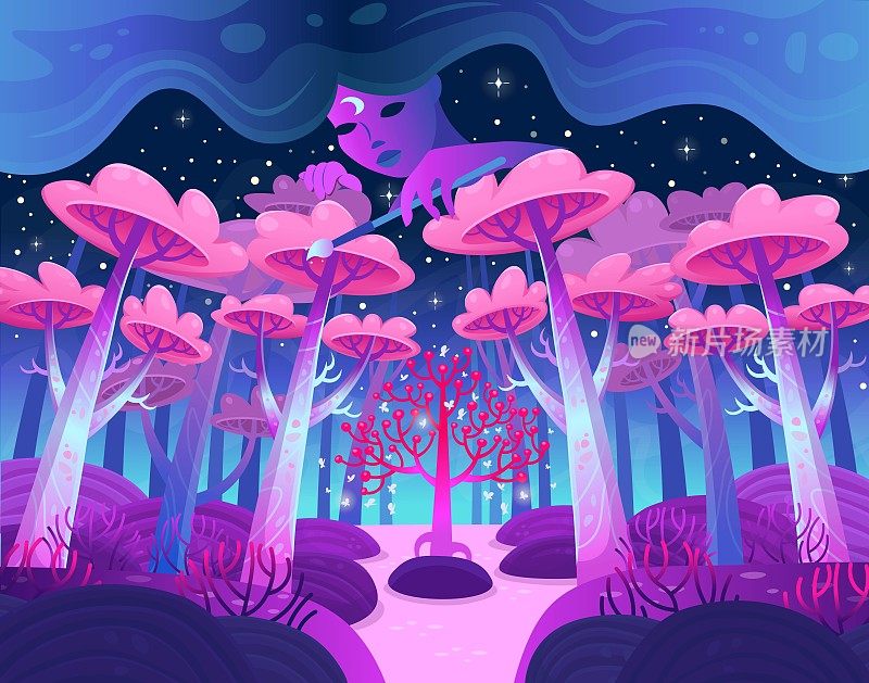游戏背景，自然景观。有神奇树木和湖泊的夜森林。一个神奇女孩的肖像。她在画画，她的头发是云。卡通风格的向量。