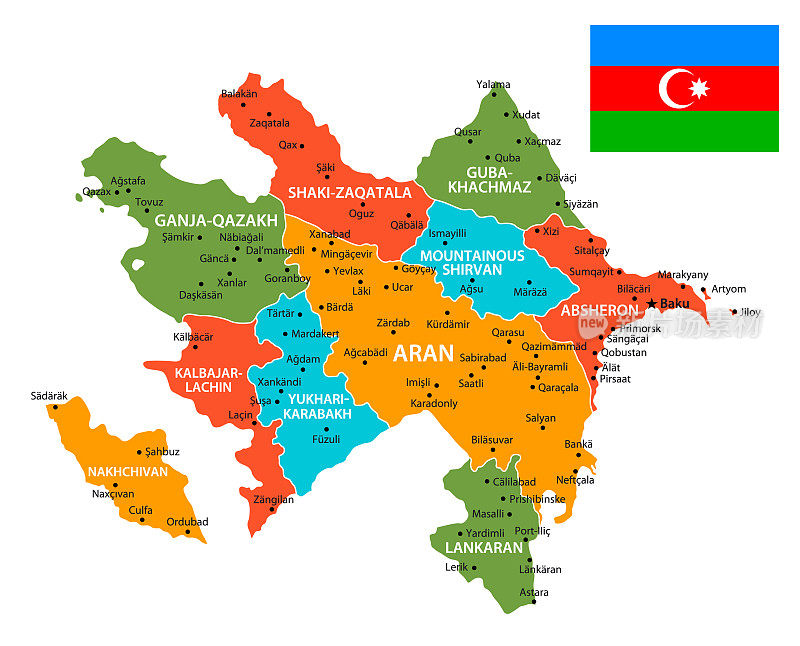 阿塞拜疆矢量地图。矢量插图与国旗和地区