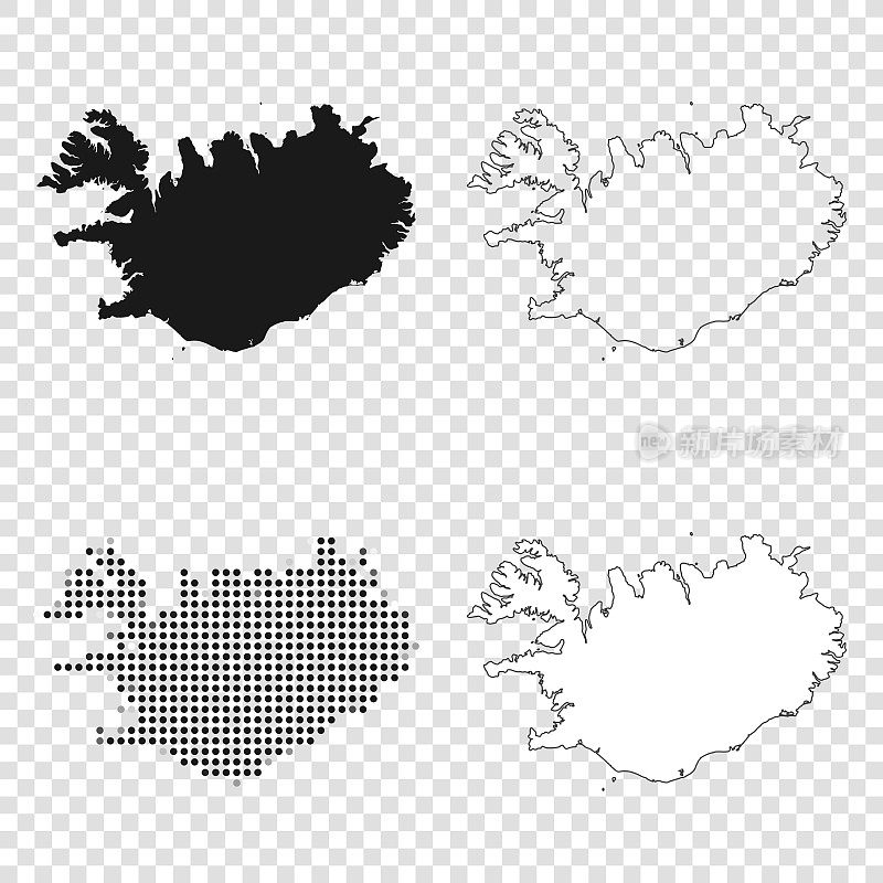 冰岛地图设计-黑色，轮廓，马赛克和白色