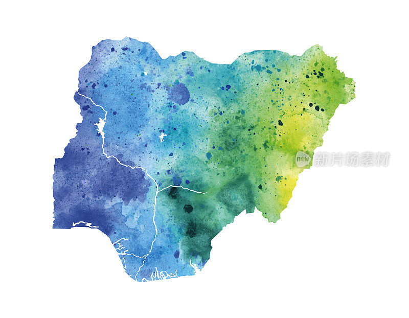 尼日利亚蓝色和绿色水彩栅格地图插图