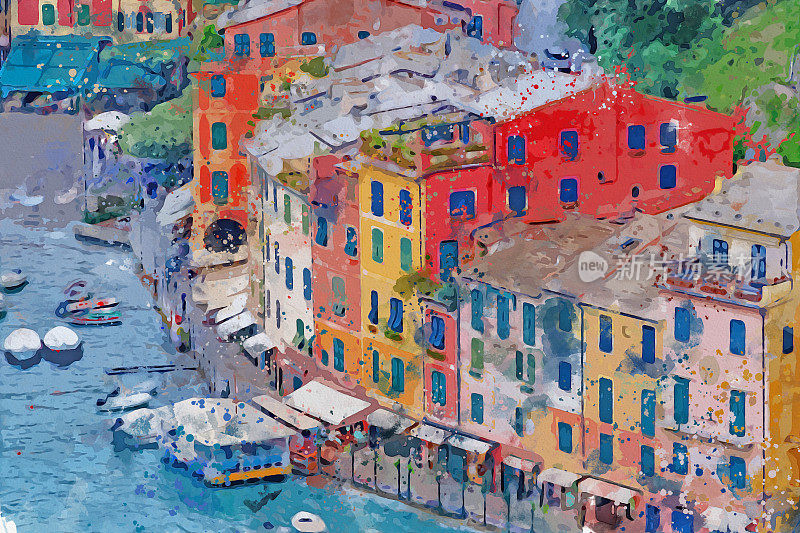 水彩画的波托菲诺海岸美丽的小镇在意大利。