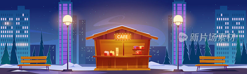 冬日夜景的街边快餐店