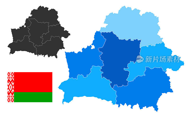 白俄罗斯国旗地图。带区域和边界的矢量蓝色插图