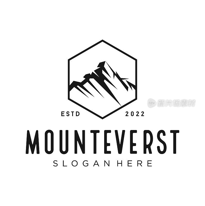 珠穆朗玛峰山景观自然户外黑色山剪影在白色。山徽与最高的山峰在世界岩峰景观冒险设计剪影