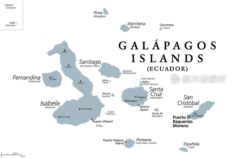 加拉帕戈斯群岛，灰色的政治地图，群岛，厄瓜多尔的一部分