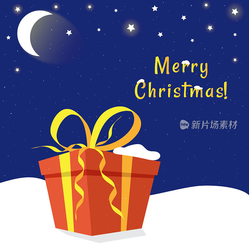礼品盒上的夜晚背景与月亮。矢量插图。圣诞快乐，恭贺新禧。