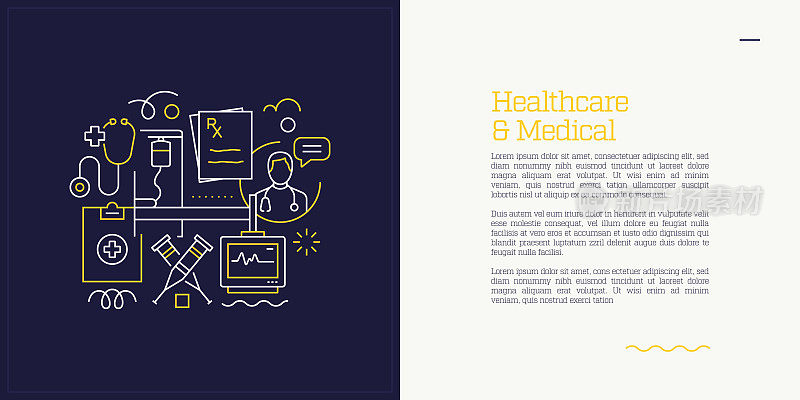 插图医疗保健和医疗概念的向量集。线条艺术风格的网页，横幅，海报，印刷等背景设计。矢量插图。