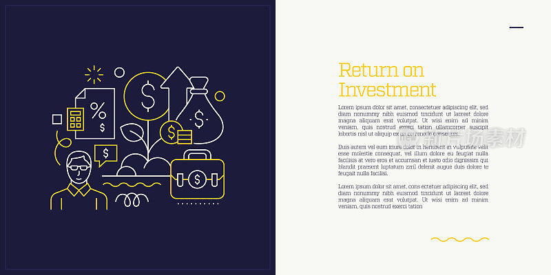 向量集插图投资回报的概念。线条艺术风格的网页，横幅，海报，印刷等背景设计。矢量插图。