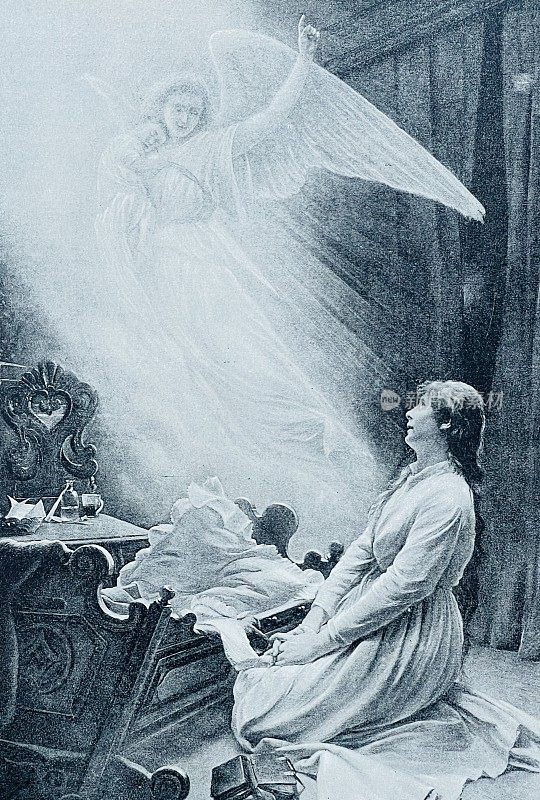 母亲在她孩子临终的床上哀悼，她的孩子被天使带走了