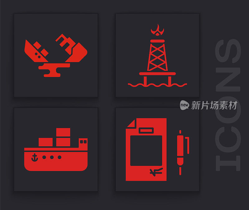 设置合同钱和笔，失事油轮船，带火的石油钻井平台和油轮船图标。向量