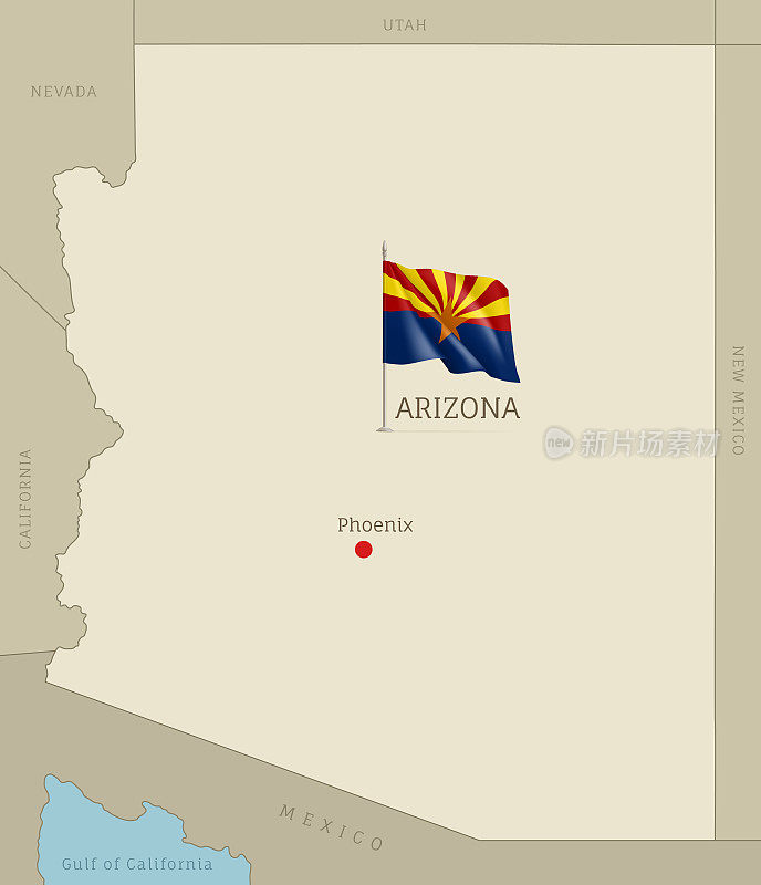 美国亚利桑那州飘扬的旗帜高度详细的地图