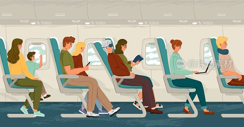 载有乘客的飞机客舱内部。手绘矢量插图概念。在飞机飞行中坐在椅子上的乘客。人们乘飞机旅行都是坐经济舱