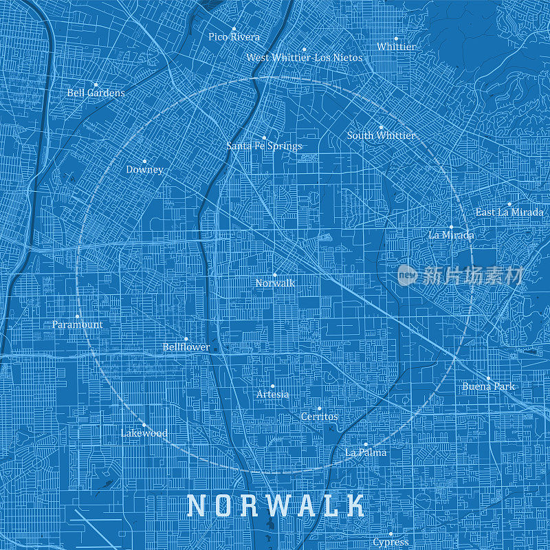 诺沃克CA城市矢量道路地图蓝色文本