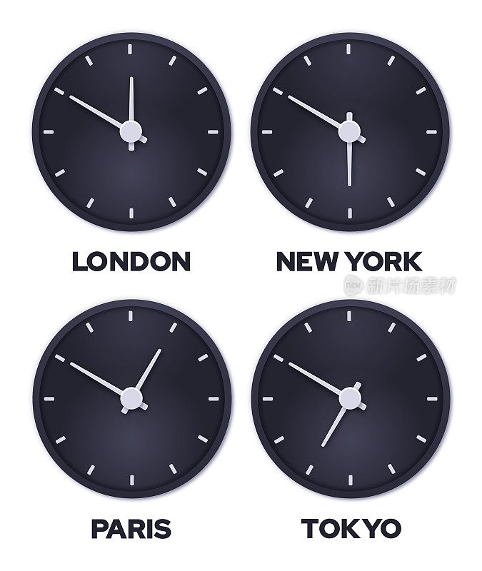 主要城市显示时间的黑色时钟