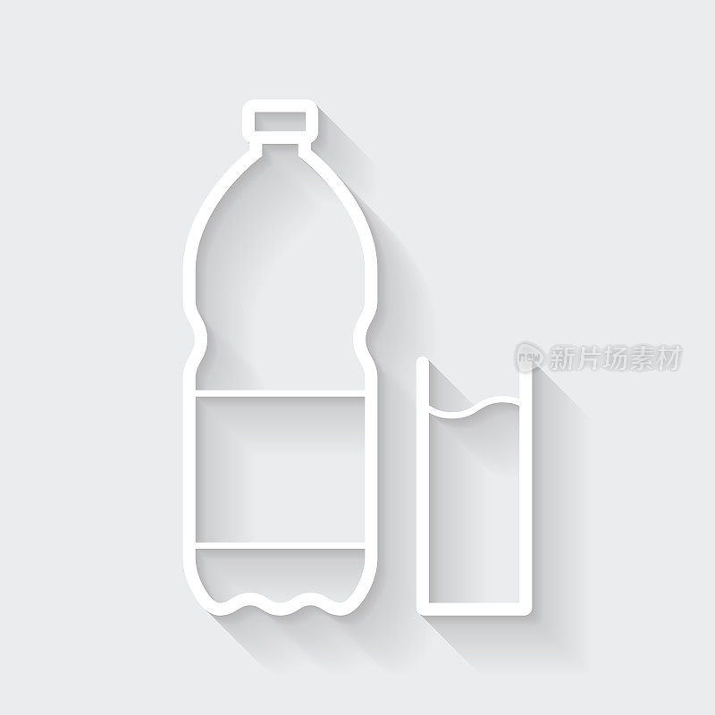 一瓶和一杯苏打水。图标与空白背景上的长阴影-平面设计