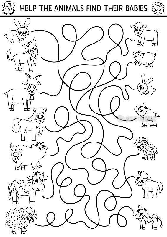 黑白相间的农场迷宫，适合带着动物和婴儿的孩子。乡村边线幼儿园印刷活动与可爱的山羊，猪，牛。带有亲情概念的母亲节迷宫着色游戏