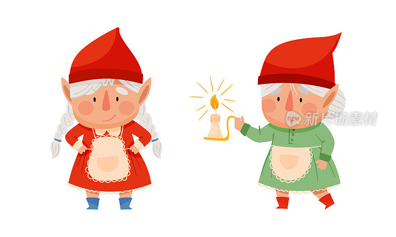 可爱的斯堪的纳维亚女孩侏儒在红色的帽子卡通矢量插图