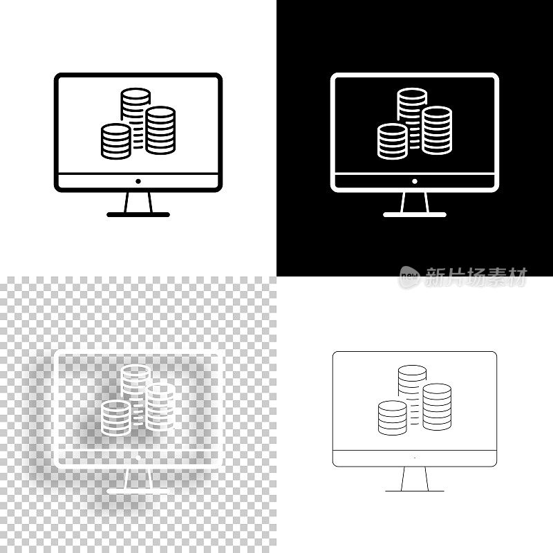 桌面电脑与一堆硬币。图标设计。空白，白色和黑色背景-线图标