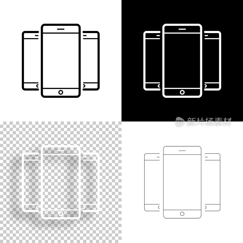的智能手机。图标设计。空白，白色和黑色背景-线图标