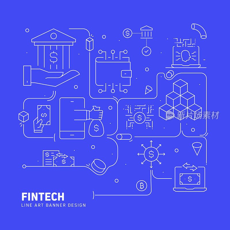 网页，标题，宣传册，年度报告和书籍封面的FINTECH相关线条风格横幅设计