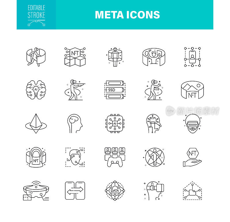 元图标可编辑的笔画。该集合包含大数据、元部门、增强现实、免提设备、区块链等图标