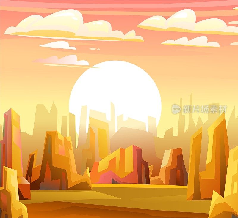 岩石景观。地平线上的日落和日出。锋利的石头悬崖。无人居住的星球。沙漠在白天。向量